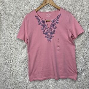 NEW Coral Bay Floral Embroidered V-Neck Top‎ Pink Short Sleeve Small